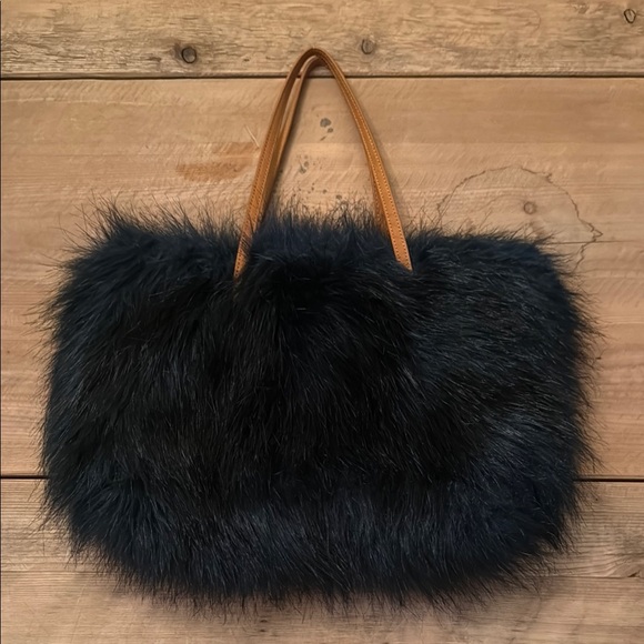 J. Crew Handbags - J. Crew Elegant Navy Blue Faux Fur Tote with Tan Handles